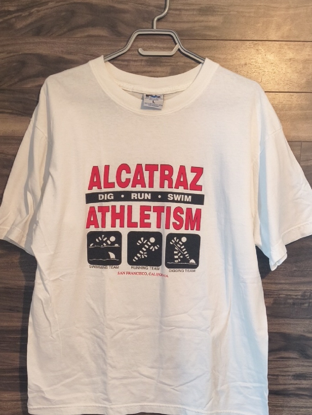 Vintage 90s Alcatraz Athletism Dig Run Swim Graphic Shirt White L Boxy